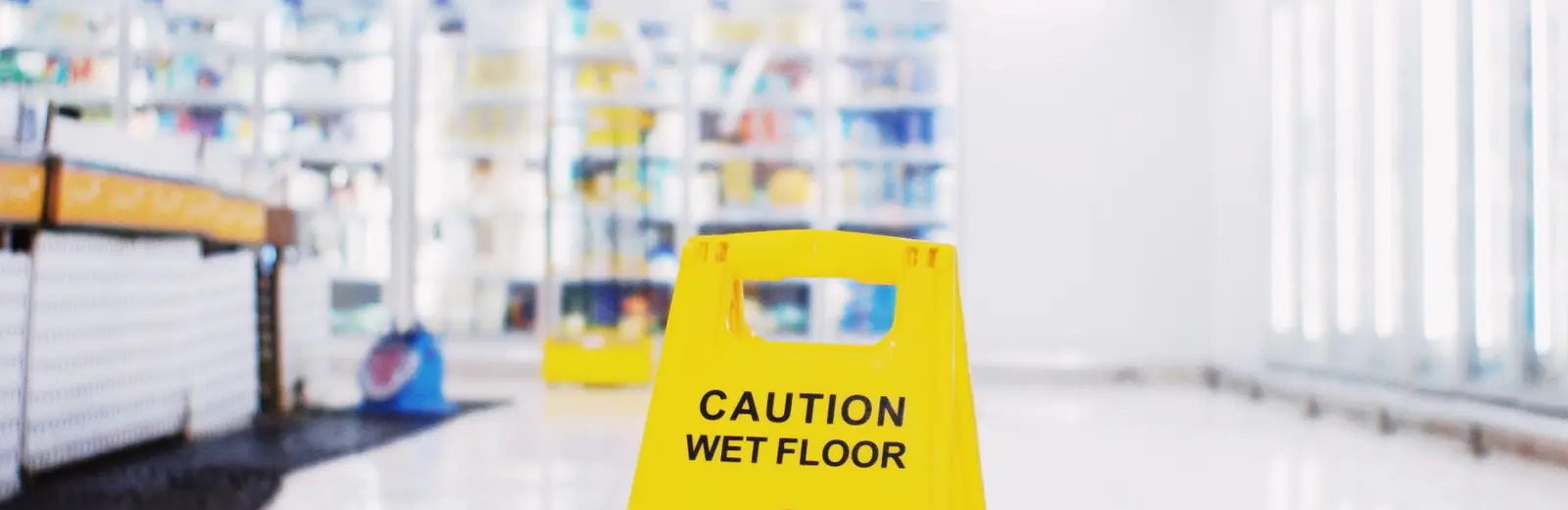 Commercial cleaning under way in a bright Auckland retail space with a wet-floor sign