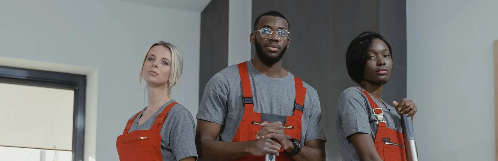 Three professional cleaners in uniform with equipment inside an Auckland home