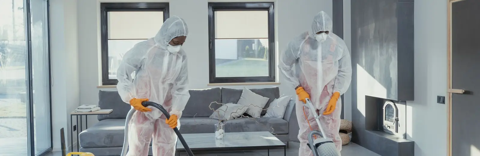 Two cleaners in protective suits deep cleaning and vacuuming a living room in Auckland