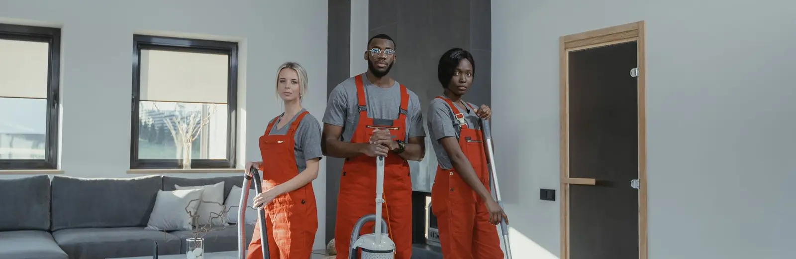 Uniformed cleaning team with vacuum and mop in a modern Auckland living room